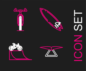 Set line Hang glider, Bicycle on street ramp, Surfboard and icon. Vector