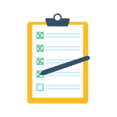 Checklist concept with crosses and pen. Questionnaire, survey, clipboard, task list. Checklist and x marks. Clipboard with checklist and crosses. Business document with a green cross