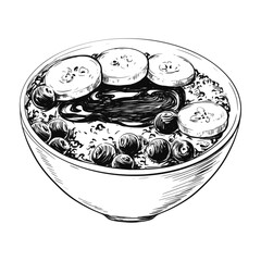 Sketch ink graphic oatmeal with banana and berries illustration, draft silhouette drawing, black on white line art. Delicious vintage etching food breakfast design