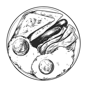 recommend clip art: Sketch ink graphic eggs and toasts breakfast illustration, draft silhouette drawing, black on white line art. Delicious vintage etching food design