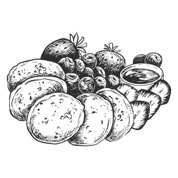 recommend clip art: Sketch ink graphic pancakes with berries illustration, draft silhouette drawing, black on white line art. Delicious vintage etching food design