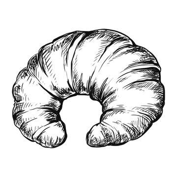 recommend clip art: Sketch ink graphic croissant illustration, draft silhouette drawing, black on white line art. Delicious vintage etching food design