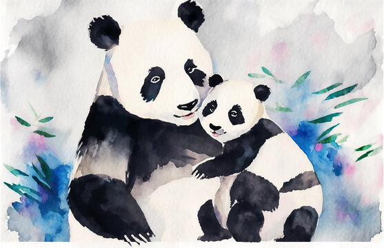 Happy Mother's Day. Cute mother and baby panda together. Watercolor Vector illustration. Anime style. Generated AI.