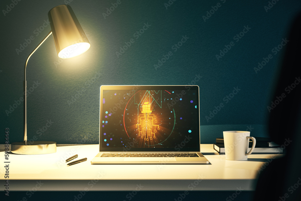Aufkleber Creative light bulb with chip hologram on modern laptop monitor, artificial Intelligence and neural networks concept. 3D Rendering