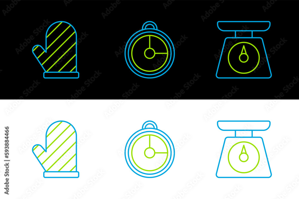 Sticker Set line Scales, Oven glove and Kitchen timer icon. Vector