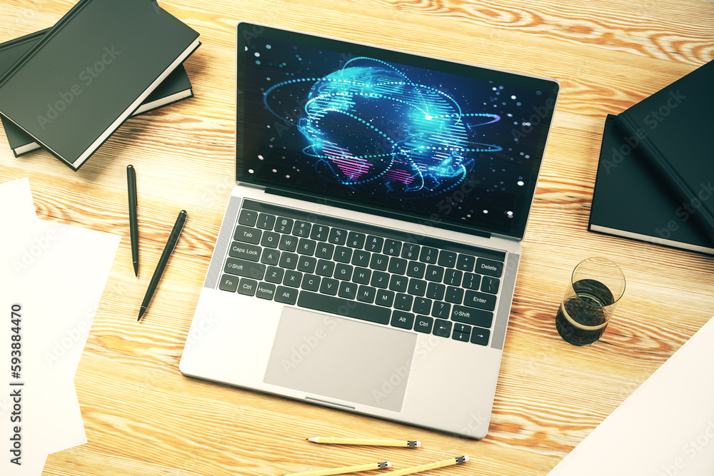 Poster Computer monitor with abstract graphic digital world map with connections, globalization concept. 3D Rendering