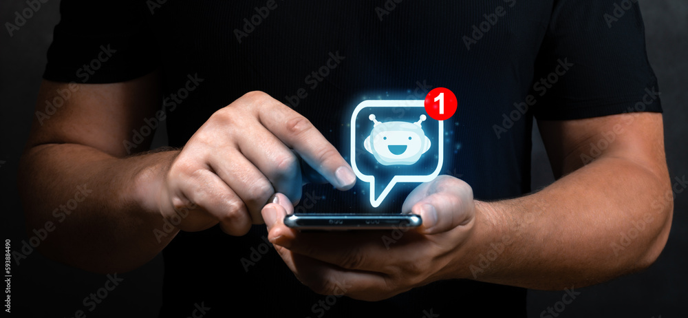 Aufkleber chat with ai or artificial intelligence technology, hand of businessman using smartphone with chatbo