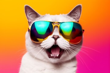 cat sunglasses fashion portrait pet colourful animal neon cute funny. Generative AI.