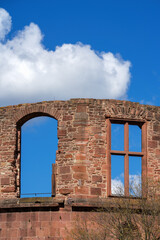 windows of a ruin with blue sky background
