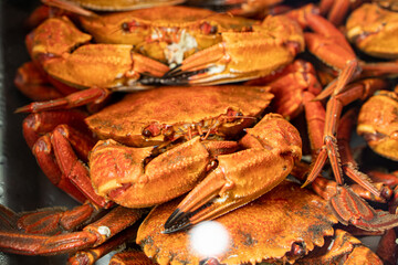 Close-up of cooked crabs, cooked shellfish. Food and healthy concept