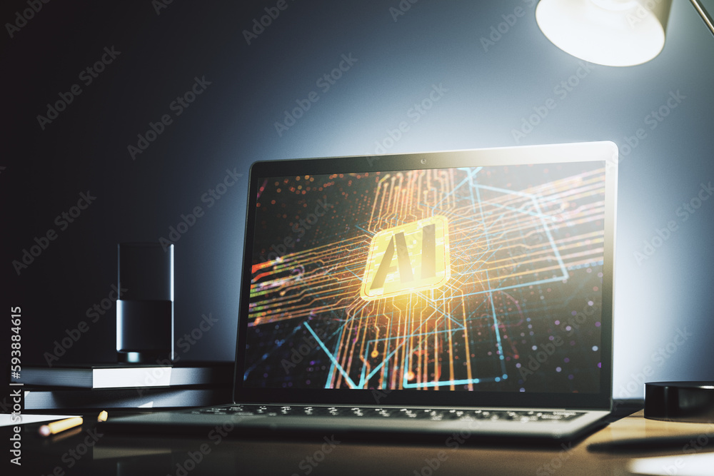 Poster modern computer monitor with creative artificial intelligence icon. neural networks and machine lear