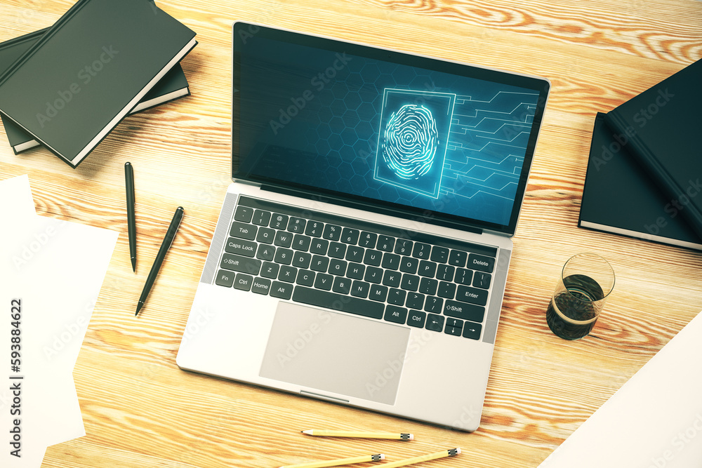 Poster Abstract creative fingerprint hologram on modern computer monitor, protection of personal information concept. 3D Rendering