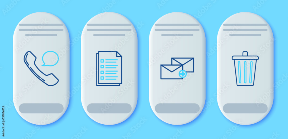 Poster set line file document, envelope, telephone handset and speech bubble chat and trash can icon. vecto