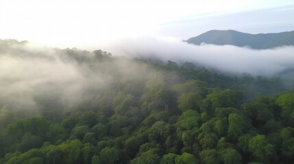 Foggy landscape in the jungle. fog and cloud mountain tropic valley landscape. aerial view. Generative AI.