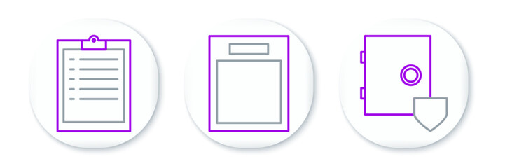 Set line Safe with shield, Clipboard checklist and Empty form icon. Vector