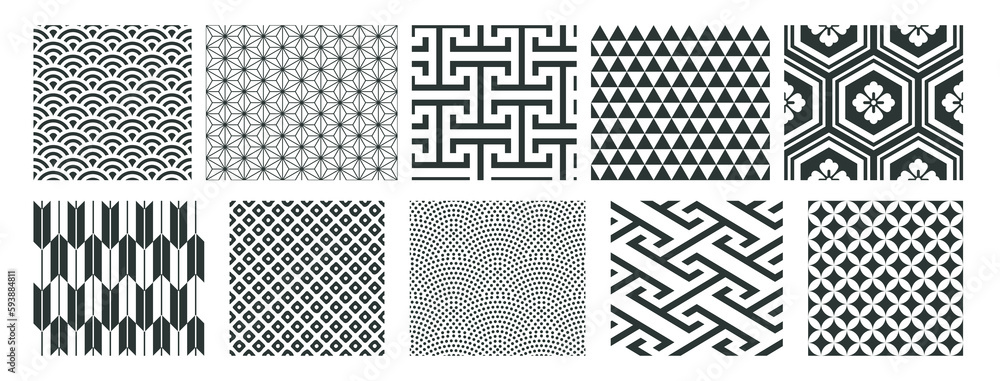 Poster japanese seamless pattern set. traditional patterns. vector