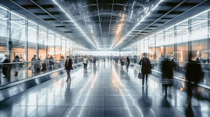 Light modern trendy office lobby with business people on blurred background. Motion blur. Generative AI. High quality illustration