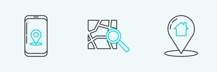 Set line Map pointer with house, Infographic of city map navigation and Folded location marker icon. Vector