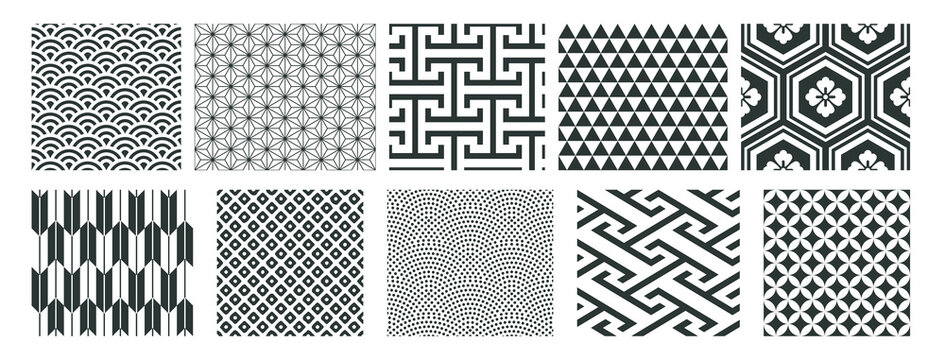 Japanese seamless pattern set. Traditional patterns. Vector