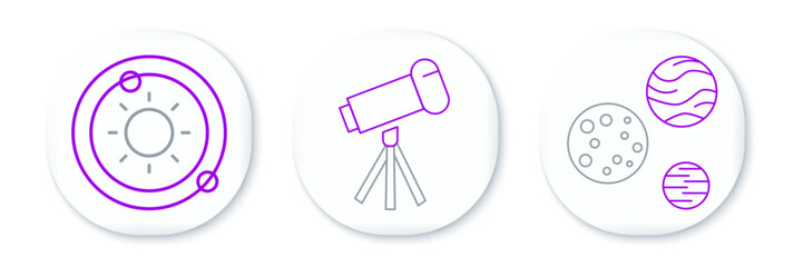 Set line Planet, Solar system and Telescope icon. Vector