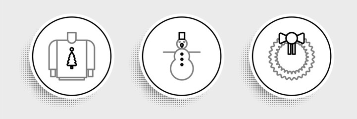 Set line Christmas wreath, sweater and snowman icon. Vector