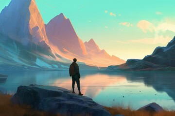 Man standing on shore. Generate Ai