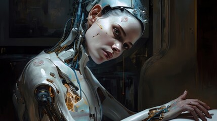 Cyborg woman. Ai female robot sci-fi technology paining style illustration created with generative ai