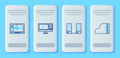 Set line Video recorder or editor software on monitor, Stereo speaker, Sound audio laptop and Grand piano icon. Vector