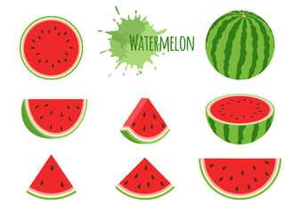 Watermelon icons set, half, slices and triangles. Cartoon Vector illustration.