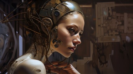 Cyborg woman. Ai female robot sci-fi technology paining style illustration created with generative ai