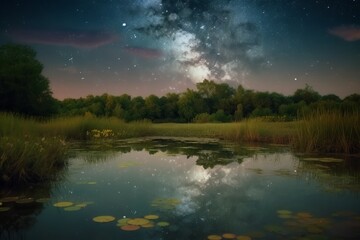 Fototapeta na wymiar Magical stars over lake. Generate Ai