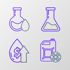 Set line Antifreeze canister, Oil price increase, Test tube and flask and petrol test icon. Vector