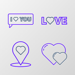 Set line Heart, Map pointer with heart, Love text and Speech bubble I love you icon. Vector