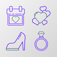 Set line Wedding rings, Woman shoe with high heel, Heart and Calendar heart icon. Vector