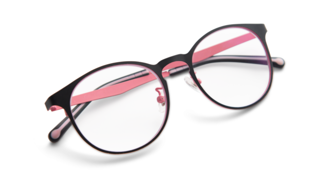 Fashion glasses with a combination of black and pink frames For everyday reading For people with visual impairments. Blue background as a health concept background with copy space.