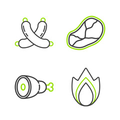 Set line Fire flame, Chicken leg, Steak meat and Crossed sausage icon. Vector