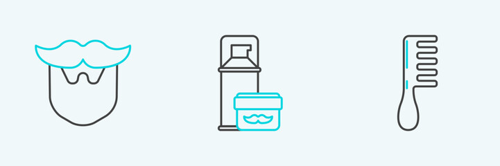 Set line Hairbrush, Mustache and beard and Shaving gel foam icon. Vector