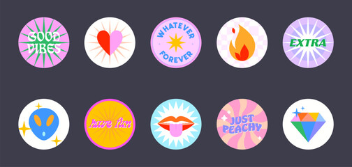 Bundle of insta highlights covers in 90s style.Fun cute patches and stickers.Modern IG acid icons or symbols in y2k aesthetic with text.Trendy groovy designs for social media marketing.