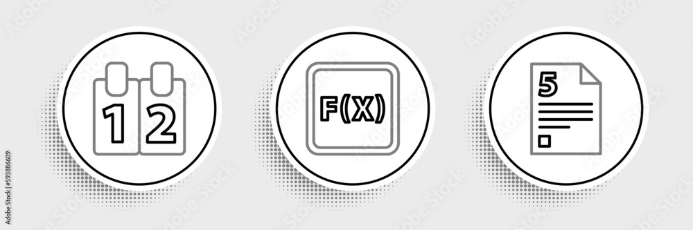 Poster set line test or exam sheet, calendar and function mathematical symbol icon. vector