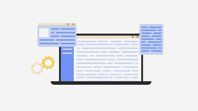 Vector animation of laptop and files appearing and text moving on screen. Concept of freelance, work at home, online education, workplace, e-learning concept. Animation 2d video. 