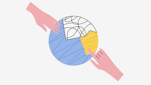 Two hand connecting circle puzzle. Concept of business solutions, strategy concept, success. 2d vector motion of hands putting together parts of round shape. Animation about teamwork, partnership