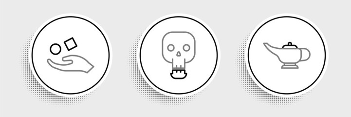 Set line Magic lamp or Aladdin, Cube levitating above hand and Skull icon. Vector