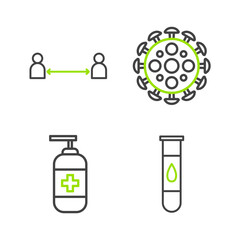 Set line Blood test and virus, Bottle of liquid antibacterial soap, Virus and Safe distance icon. Vector