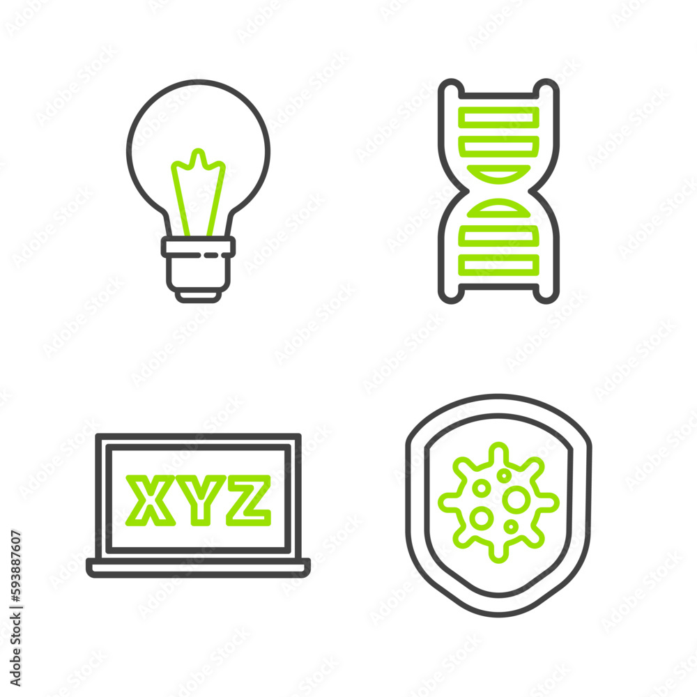 Poster set line shield protecting from virus, xyz coordinate system, dna symbol and light bulb with concept