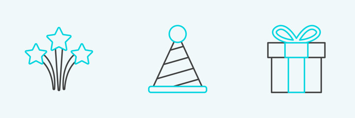 Set line Gift box, Firework and Party hat icon. Vector