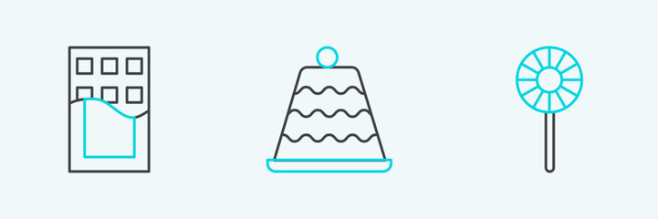 Set line Lollipop, Chocolate bar and Cake icon. Vector