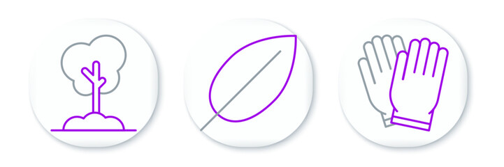 Set line Garden gloves, Tree in the ground and Leaf icon. Vector