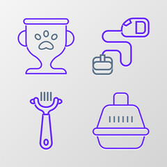 Fototapeta premium Set line Pet carry case, Hair brush for dog and cat, Retractable cord leash and award icon. Vector