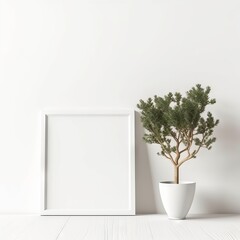 Empty square frame mockup in the modern minimalist interior with plant in trendy vase on white wall background, Template for artwork, painting, photo or poster " ai generated "