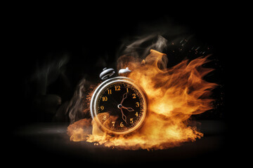 A black alarm clock with large numbers on a dark background surrounded by burning hot particles, representing urgency and time management. Is AI Generative.